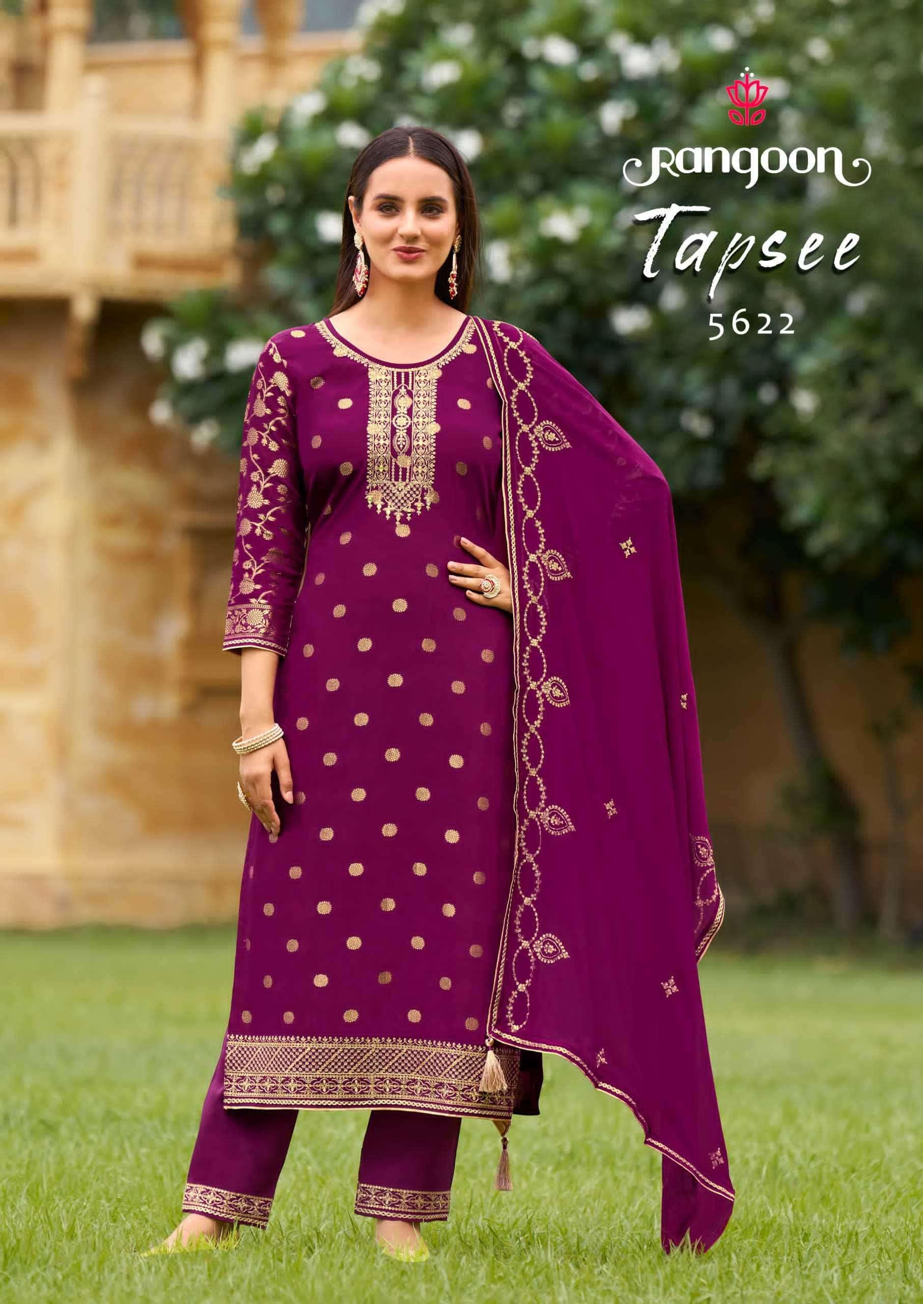 RANGOON PRESENTS TAPSEE MUSLIN JACQUARD READYMADE LADIES SALWAR SUITS CATALOG WHOLESALER AND EXPORTER IN SURAT