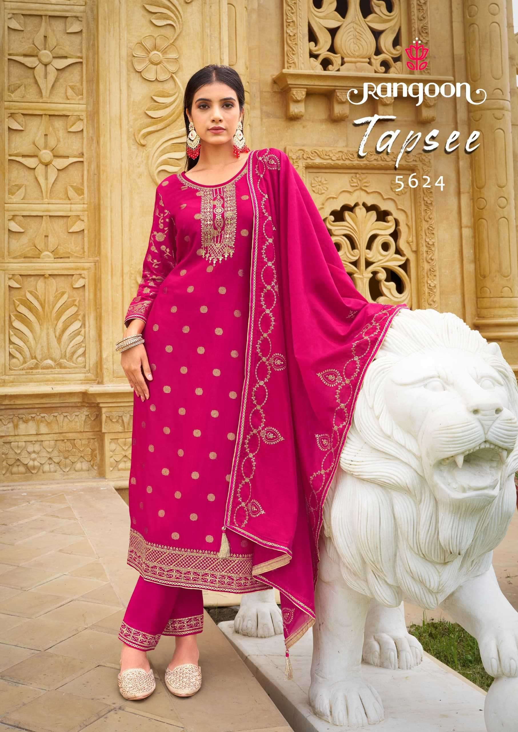 RANGOON PRESENTS TAPSEE MUSLIN JACQUARD READYMADE LADIES SALWAR SUITS CATALOG WHOLESALER AND EXPORTER IN SURAT