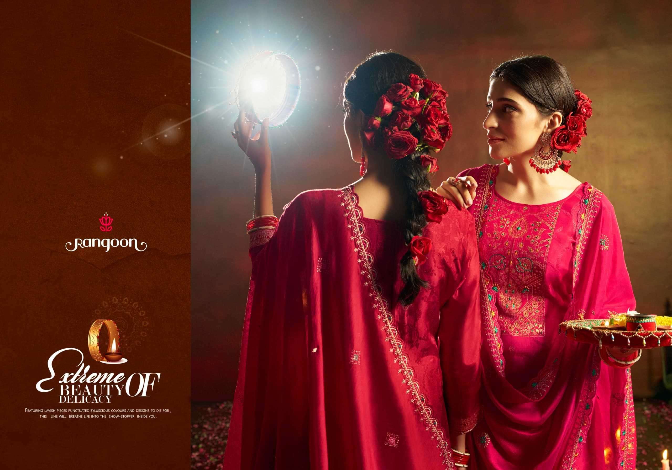 RANGOON PRESENTS UTSAV DOLA RUSSIAN KARWA SPECIAL FULLY STITCH 3PCS DRESS  CATALOG WHOLESALER AND EXPORTER IN SURAT