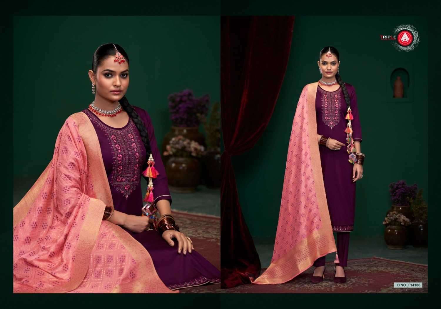 TRIPLE A PRESENTS AROOS VOL-2 POPULAR DESIGN JAM SILK DRESS MATERIAL CATALOG WHOLESALER AND EXPORTER IN SURAT