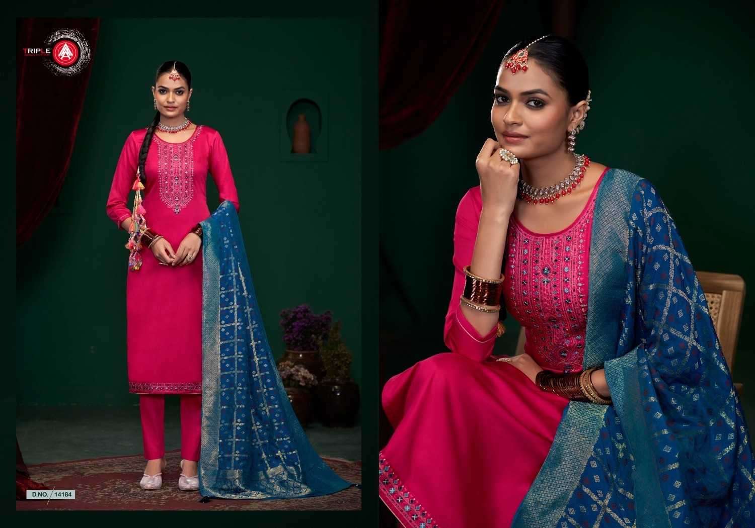 TRIPLE A PRESENTS AROOS VOL-2 POPULAR DESIGN JAM SILK DRESS MATERIAL CATALOG WHOLESALER AND EXPORTER IN SURAT