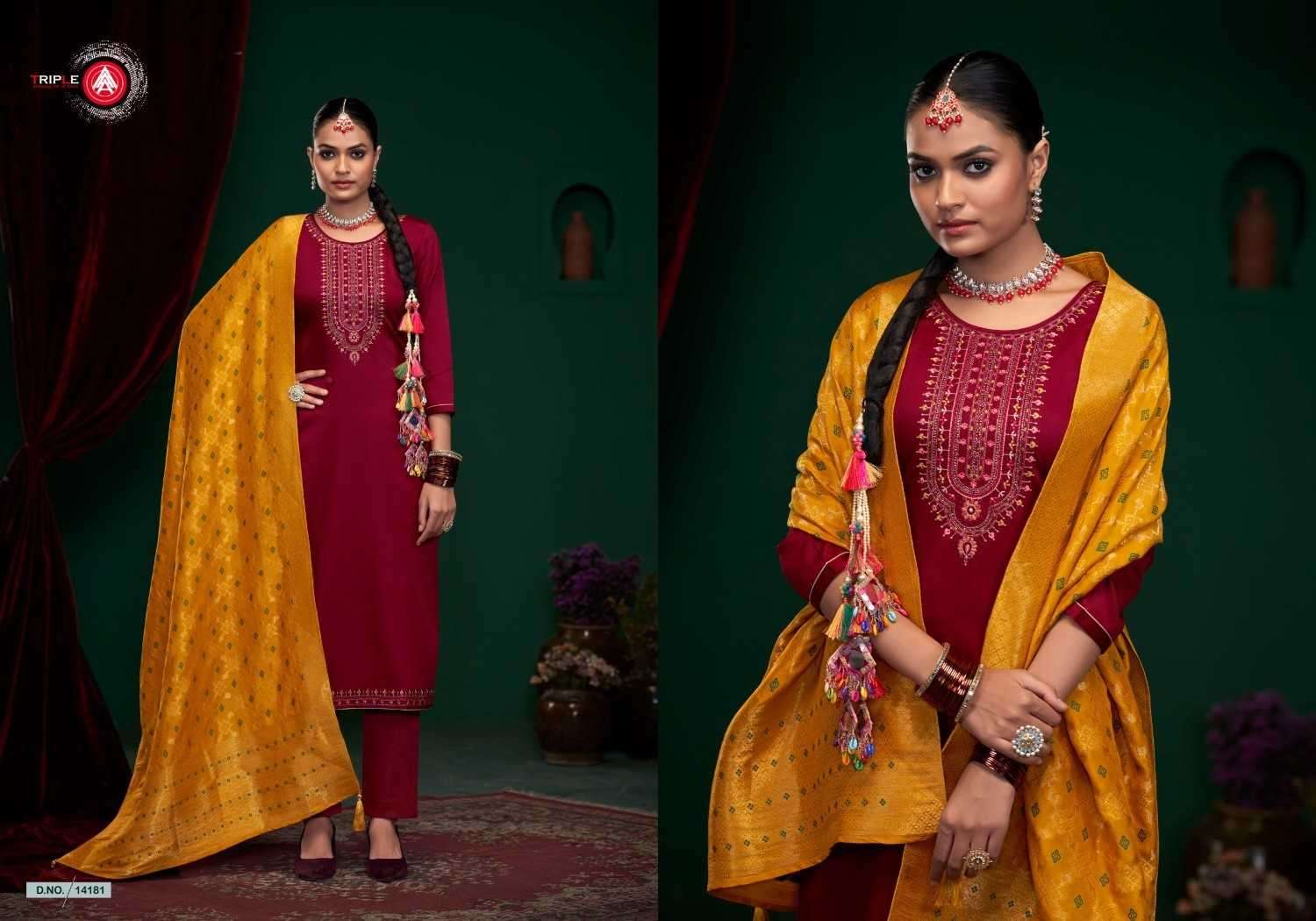 TRIPLE A PRESENTS AROOS VOL-2 POPULAR DESIGN JAM SILK DRESS MATERIAL CATALOG WHOLESALER AND EXPORTER IN SURAT