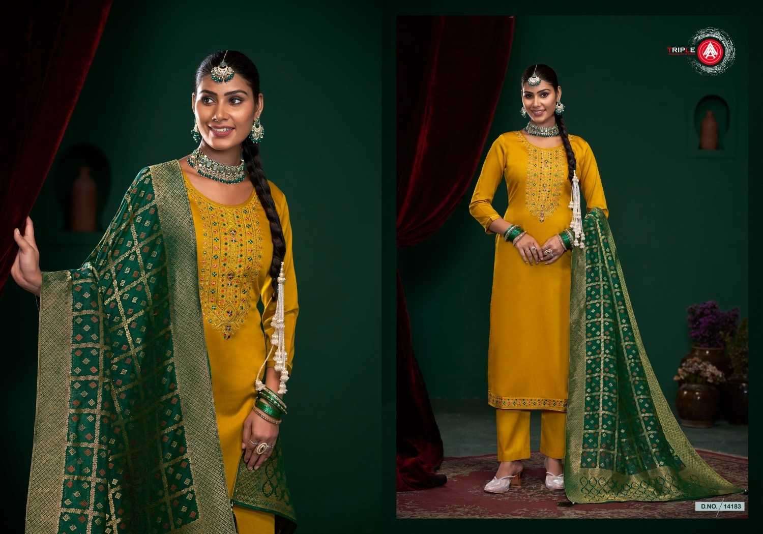 TRIPLE A PRESENTS AROOS VOL-2 POPULAR DESIGN JAM SILK DRESS MATERIAL CATALOG WHOLESALER AND EXPORTER IN SURAT