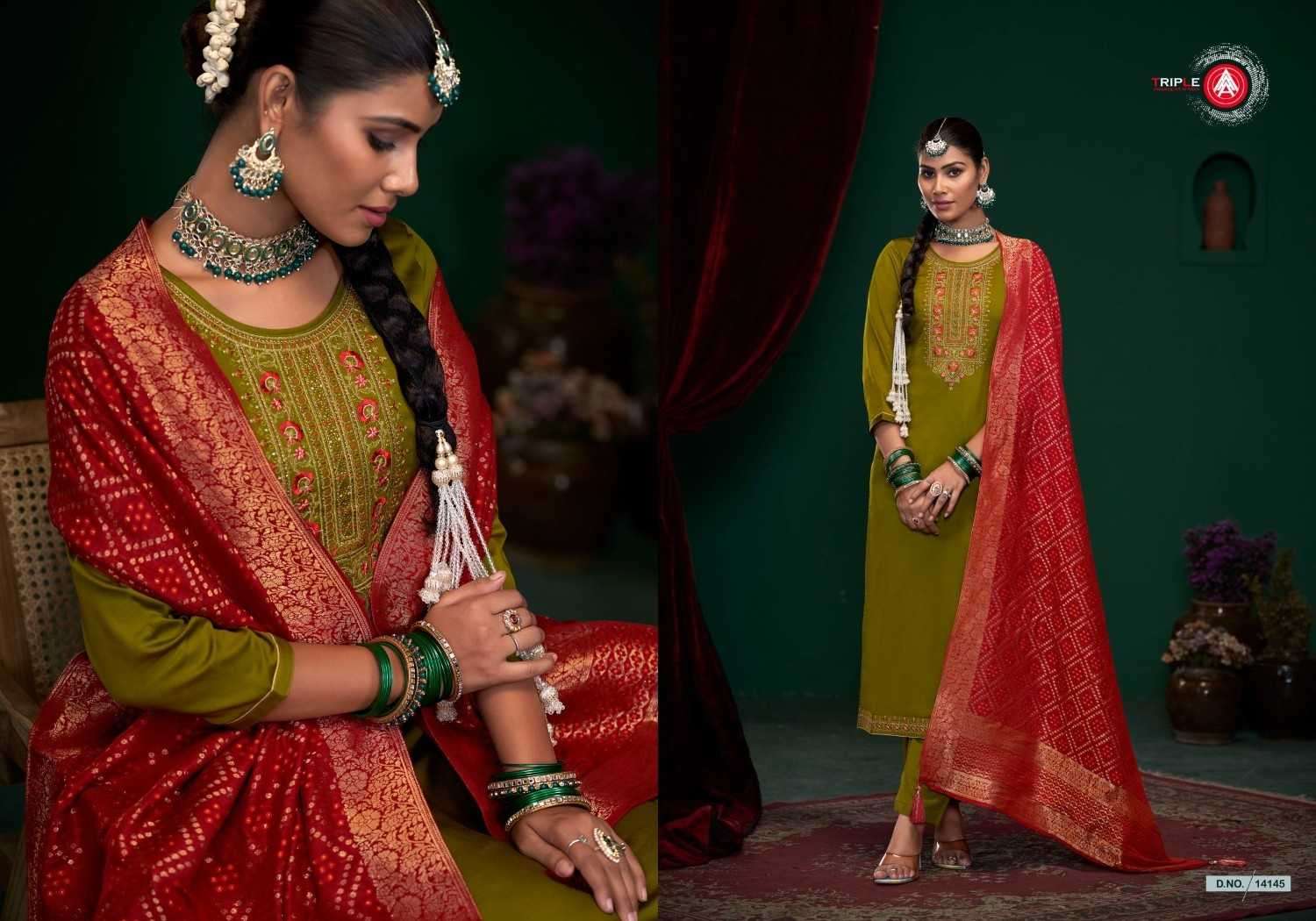 TRIPLE A PRESENTS AROOS VOL-2 POPULAR DESIGN JAM SILK DRESS MATERIAL CATALOG WHOLESALER AND EXPORTER IN SURAT