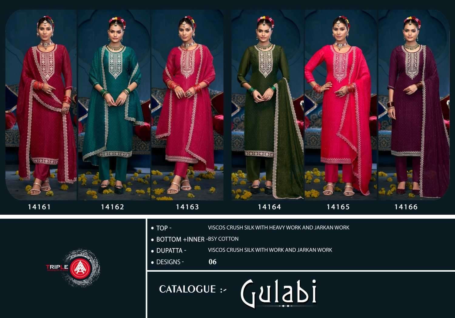 TRIPLE AAA PRESENTS GULABI ELEGANT STYLE VISCOSE CRUSH SILK DRESS MATERIEL CATALOG WHOLESALER AND EXPORTER IN SURAT
