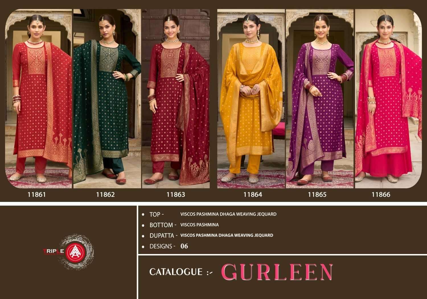 TRIPLE AAA PRESENTS GURLEEN VISCOSE PASHMINA JACQUARD SALWAR SUITS CATALOG WHOLESALER AND EXPORTER IN SURAT
