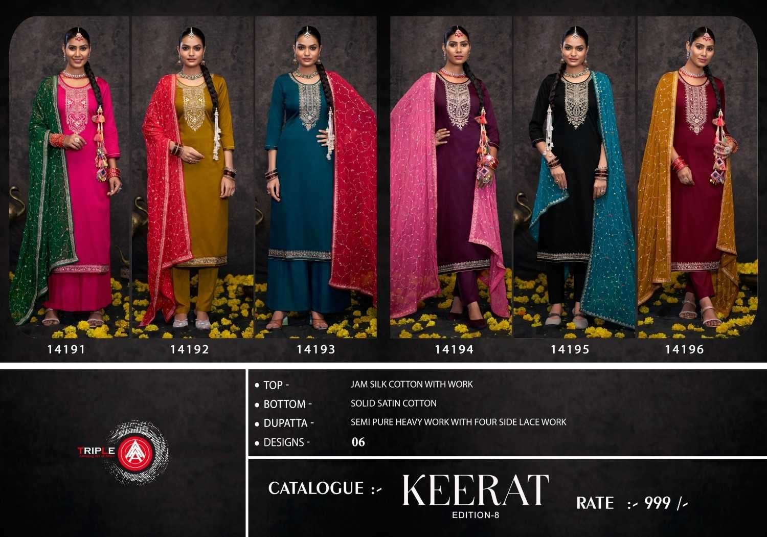 TRIPLE AAA PRESENTS KEERAT VOL-8 JAM SILK COTTON READYMADE FASHIONABLE SALWAR SUIT CATALOG WHOLESALER AND EXPORTER 