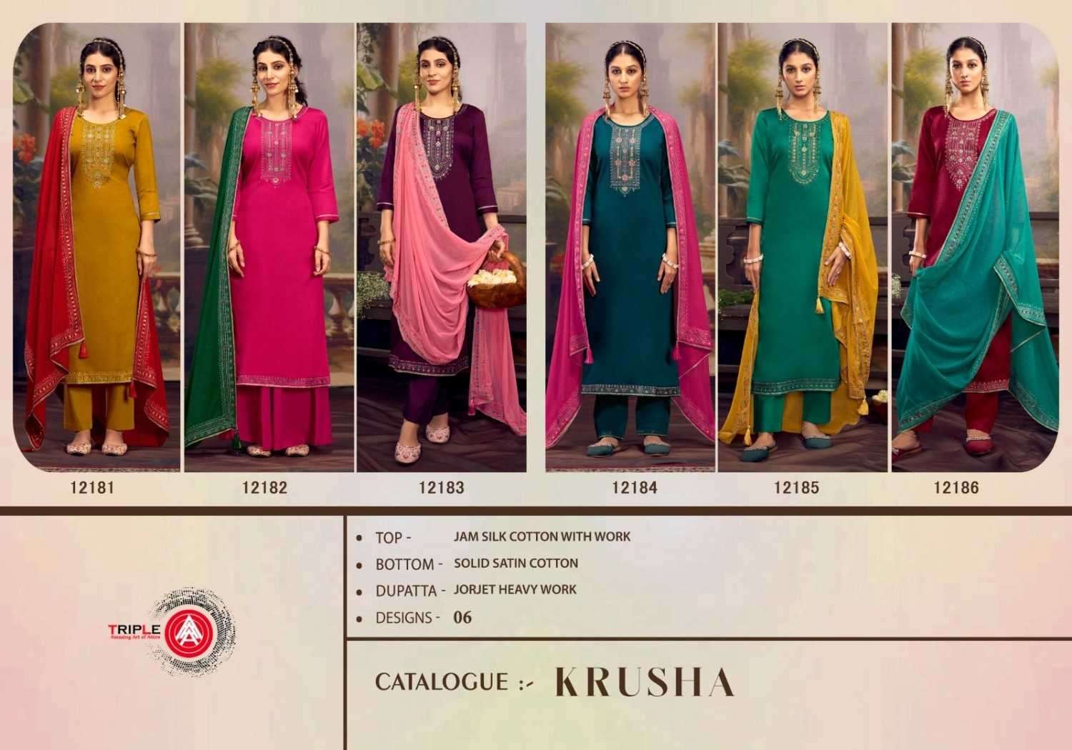 TRIPLE AAA PRESENTS KRUSHA JAM SILK COTTON DESIGNER DRESS MATERIAL CATALOG WHOLESALER AND EXPORTER IN SURAT