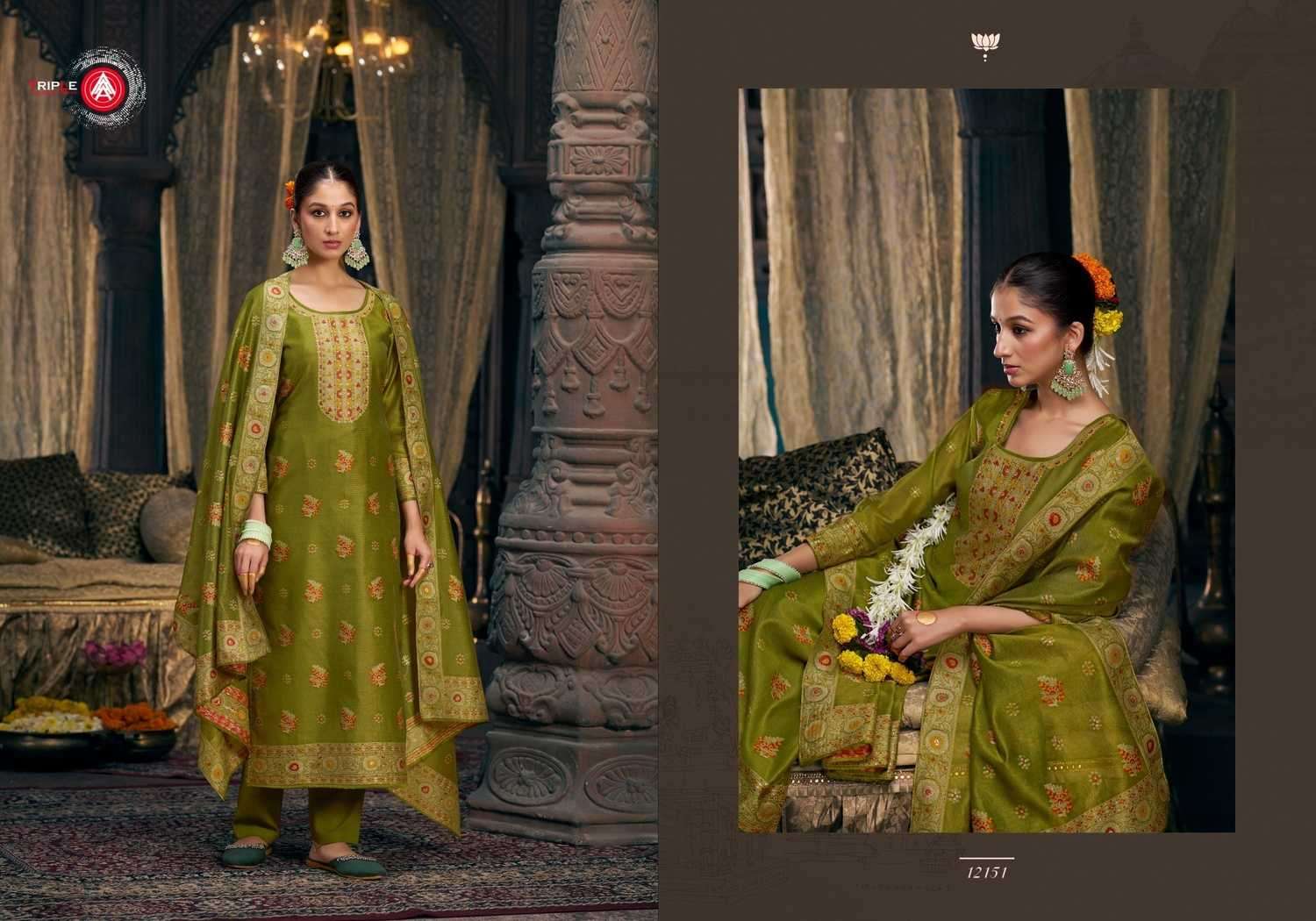 TRIPLE AAA PRESENTS TANIYA VISCOSE SIMMER SILK MINAKARI WORK LADIES SUIT CATALOG WHOLESALER AND EXPORTER 