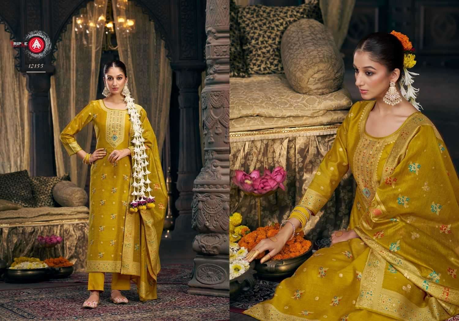 TRIPLE AAA PRESENTS TANIYA VISCOSE SIMMER SILK MINAKARI WORK LADIES SUIT CATALOG WHOLESALER AND EXPORTER 