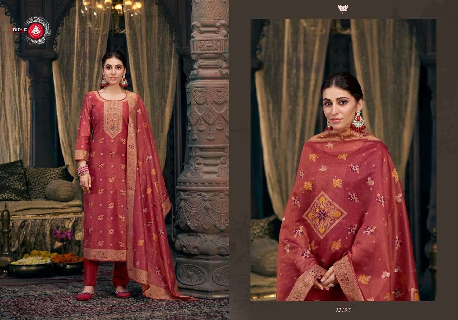 TRIPLE AAA PRESENTS TANIYA VISCOSE SIMMER SILK MINAKARI WORK LADIES SUIT CATALOG WHOLESALER AND EXPORTER 