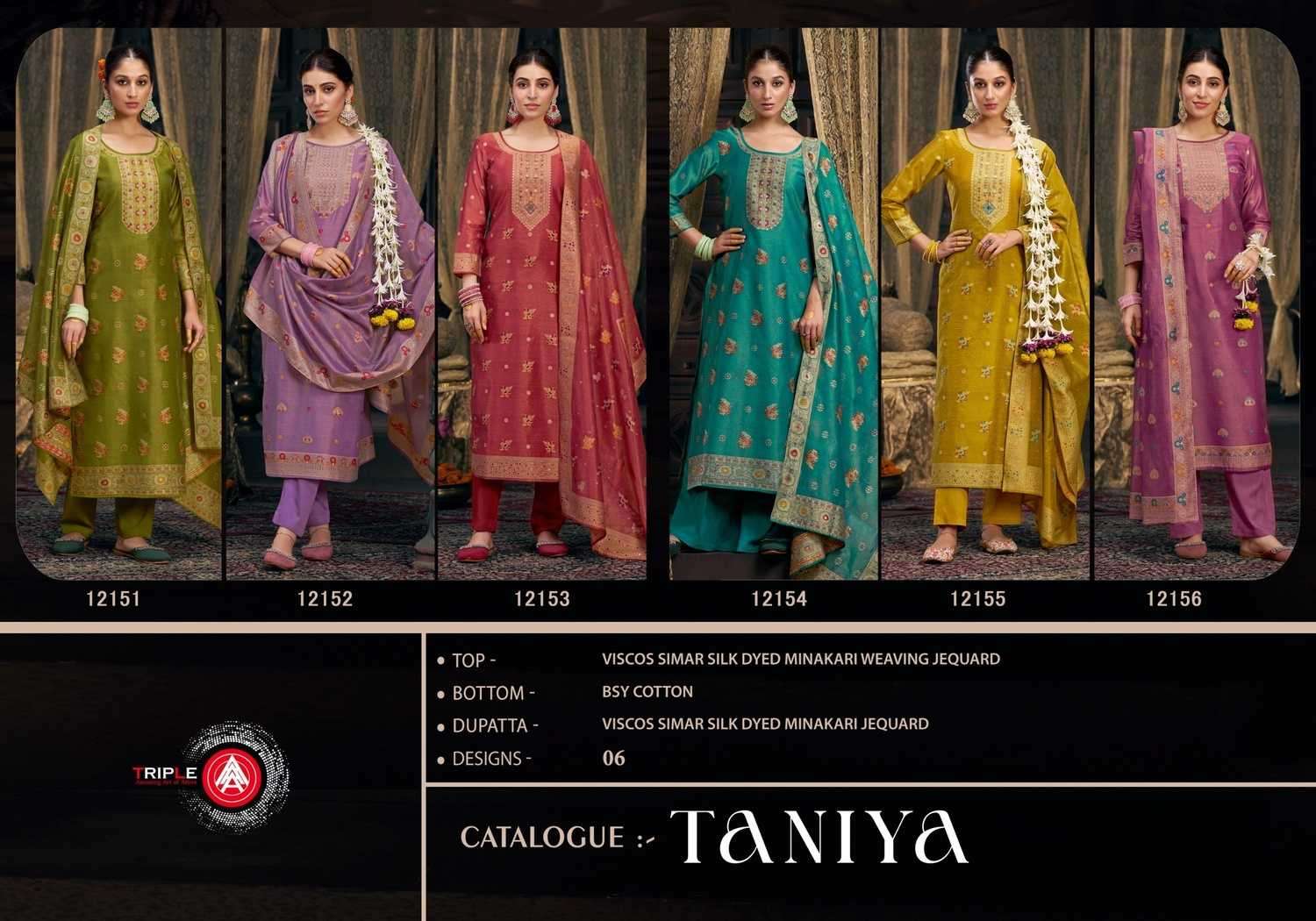 TRIPLE AAA PRESENTS TANIYA VISCOSE SIMMER SILK MINAKARI WORK LADIES SUIT CATALOG WHOLESALER AND EXPORTER 