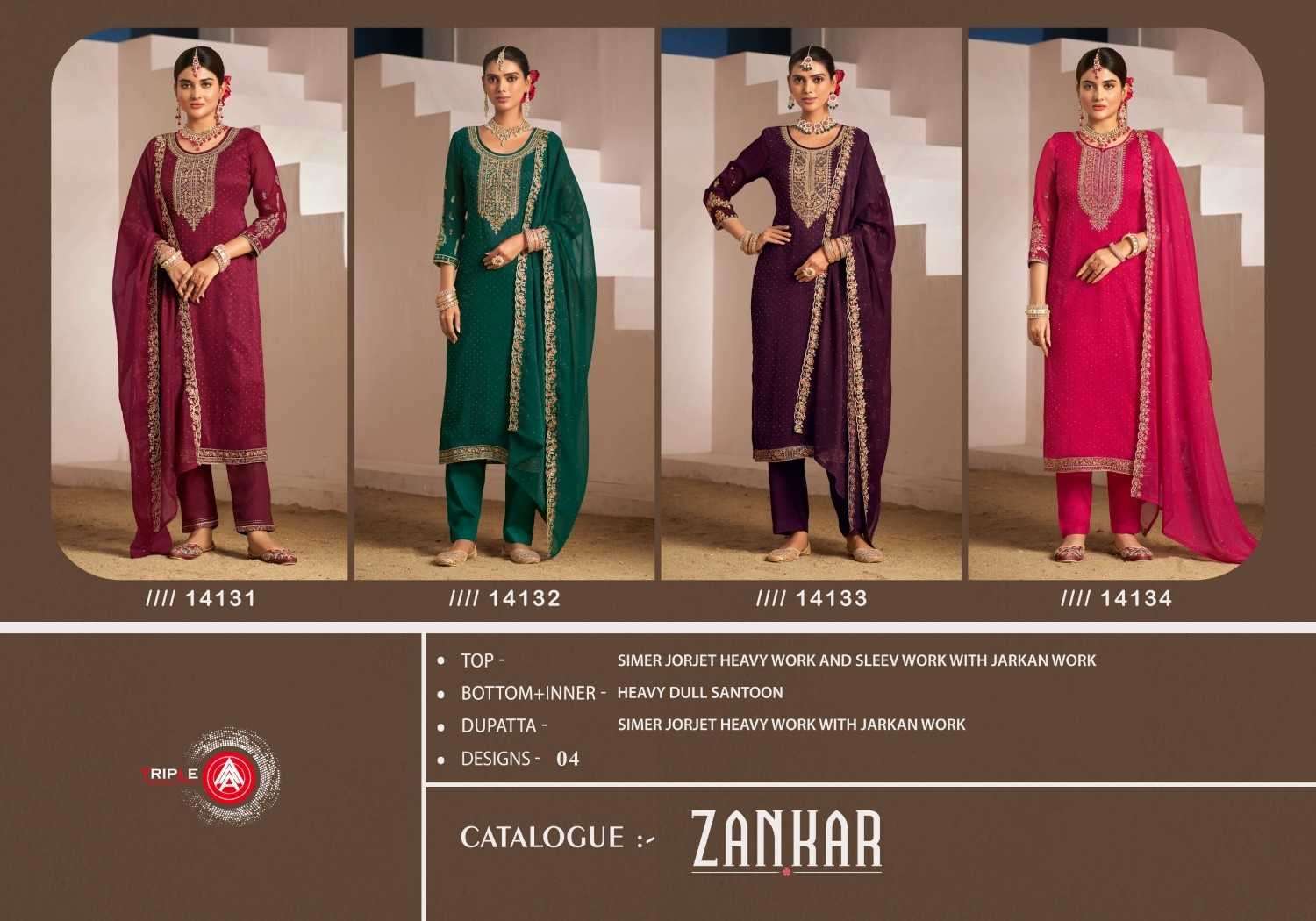 TRIPLE AAA PRESENTS ZANKAR FASHIONABLE GEORGETTE JARKAN WORK SALWAR SUITS CATALOG WHOLESALER AND EXPORTER IN SURAT