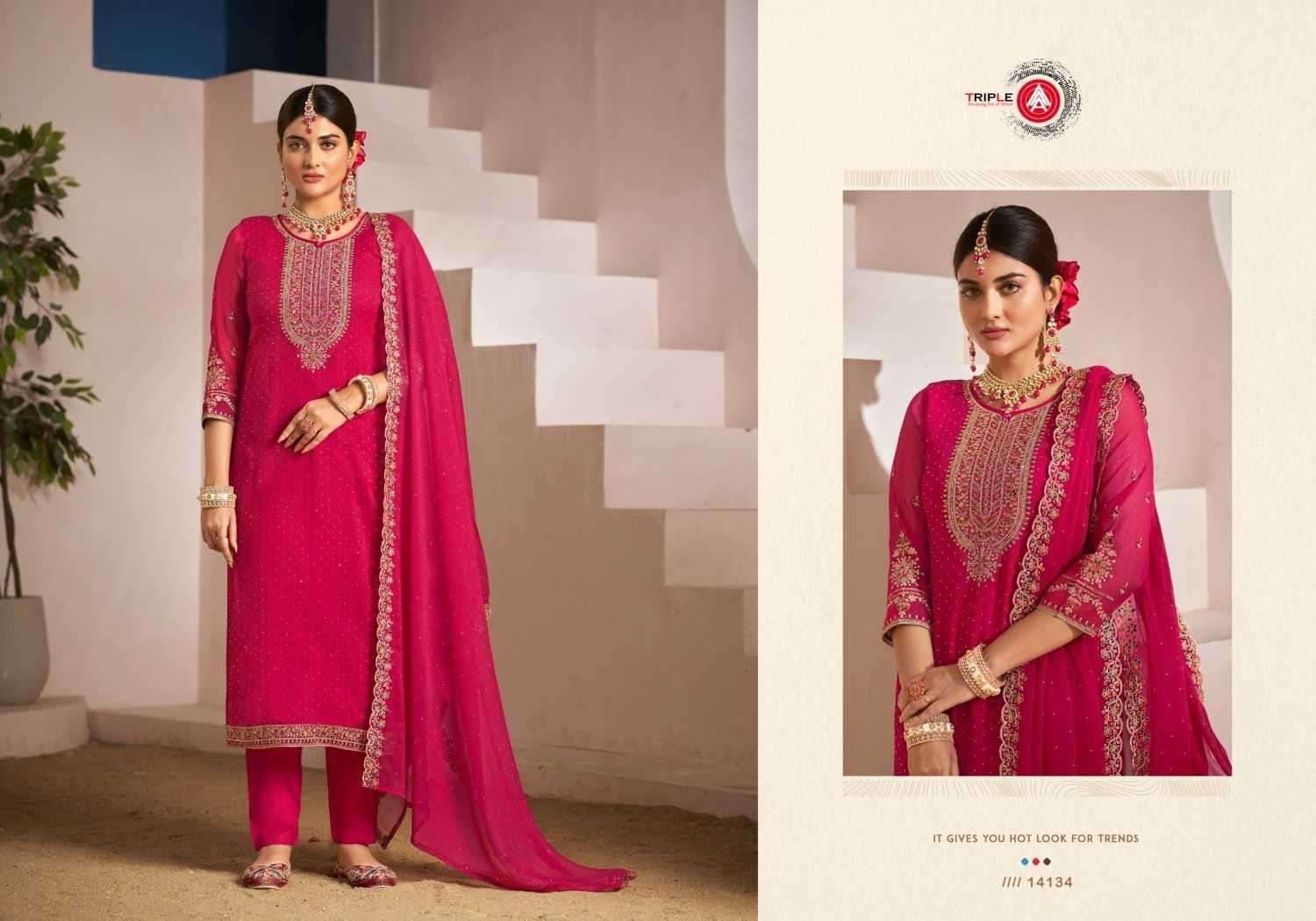 TRIPLE AAA PRESENTS ZANKAR FASHIONABLE GEORGETTE JARKAN WORK SALWAR SUITS CATALOG WHOLESALER AND EXPORTER IN SURAT