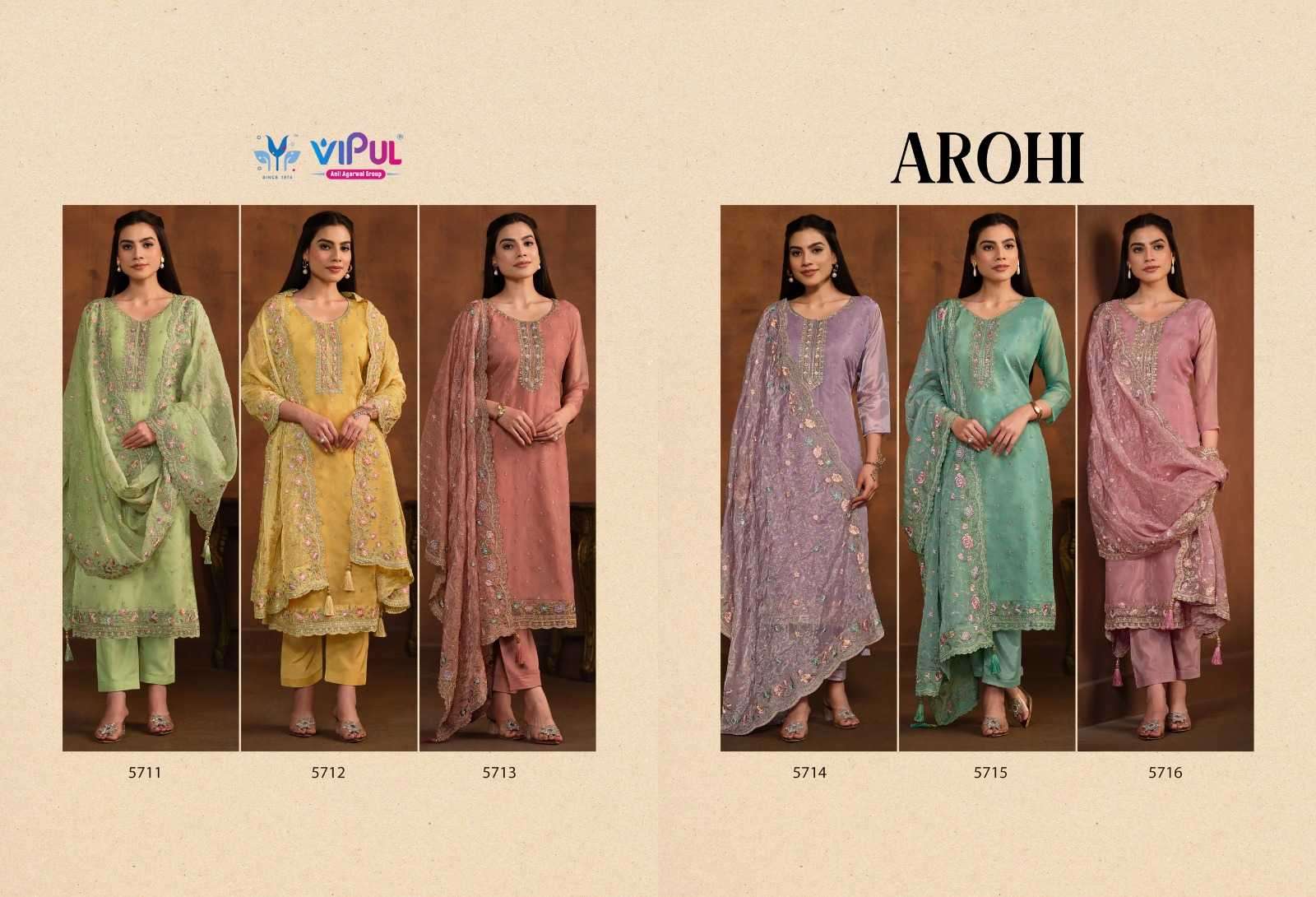 VIPUL PRESENTS AROHI COLOUR ADDITION ORGANZA DRESS MATERIAL CATALOG WHOLESALER AND EXPORTER IN SURAT
