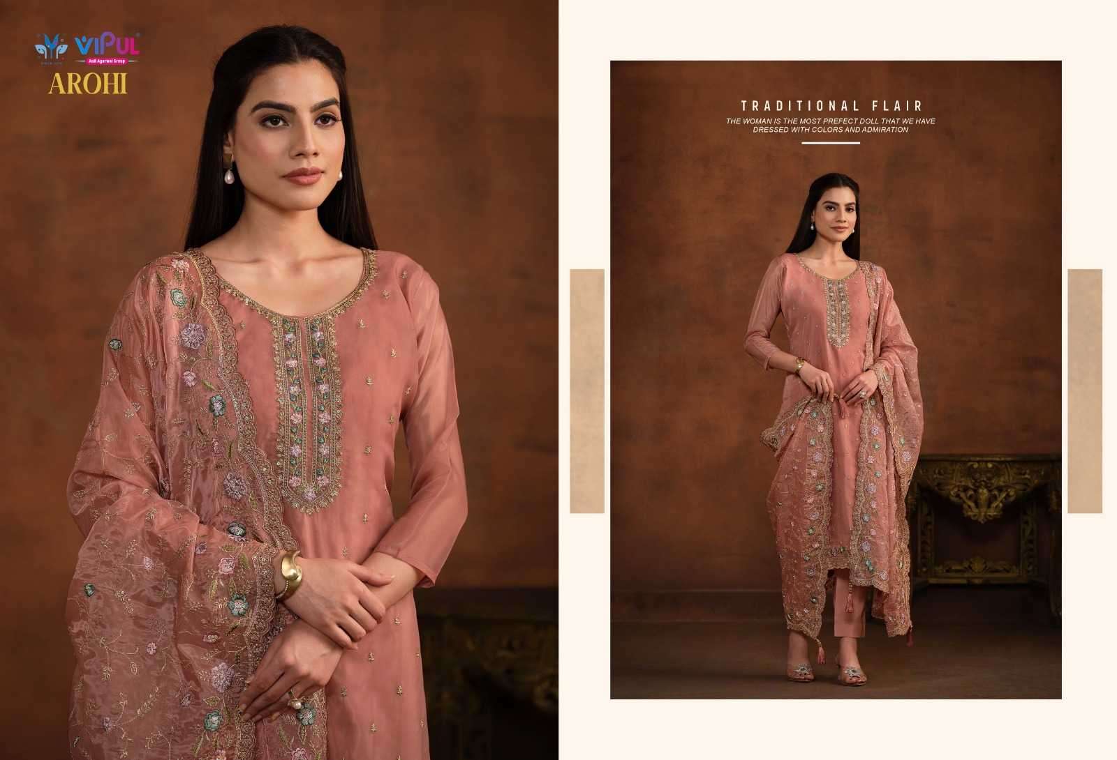 VIPUL PRESENTS AROHI COLOUR ADDITION ORGANZA DRESS MATERIAL CATALOG WHOLESALER AND EXPORTER IN SURAT