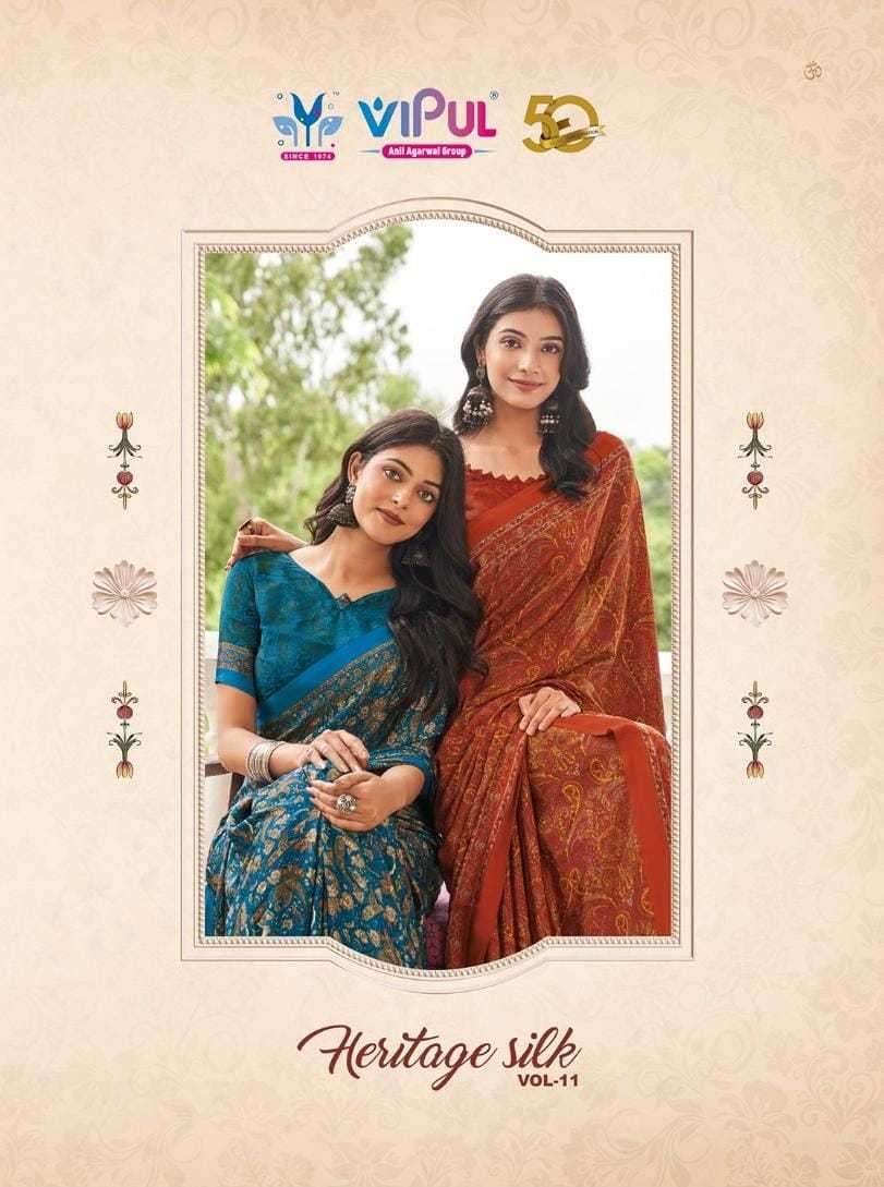 VIPUL PRESENTS HERITAGE SILK VOL-11 FASHION PURE CRAPE SILK SAREE CATALOG WHOLESALER AND EXPORTER 