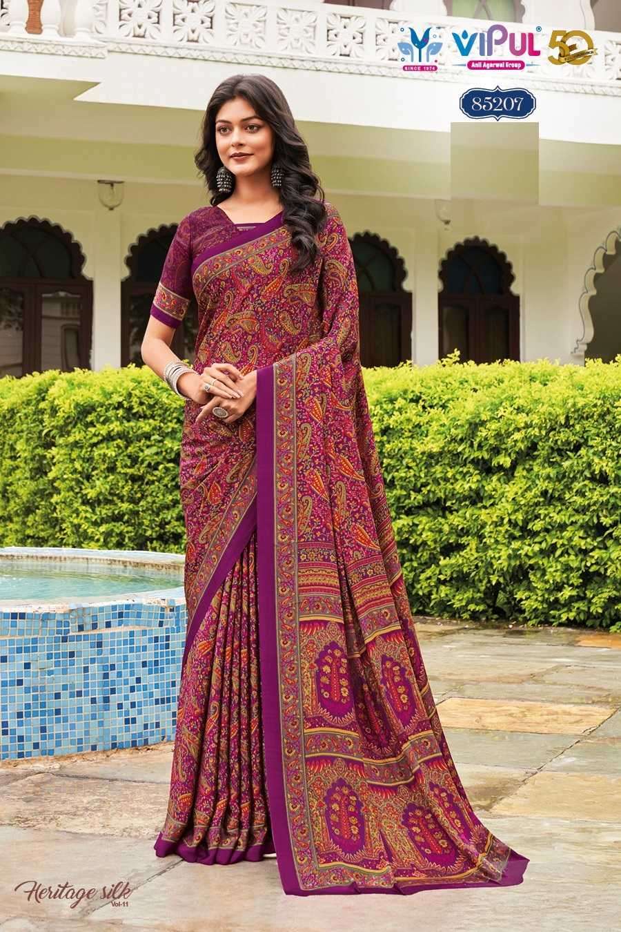 VIPUL PRESENTS HERITAGE SILK VOL-11 FASHION PURE CRAPE SILK SAREE CATALOG WHOLESALER AND EXPORTER 