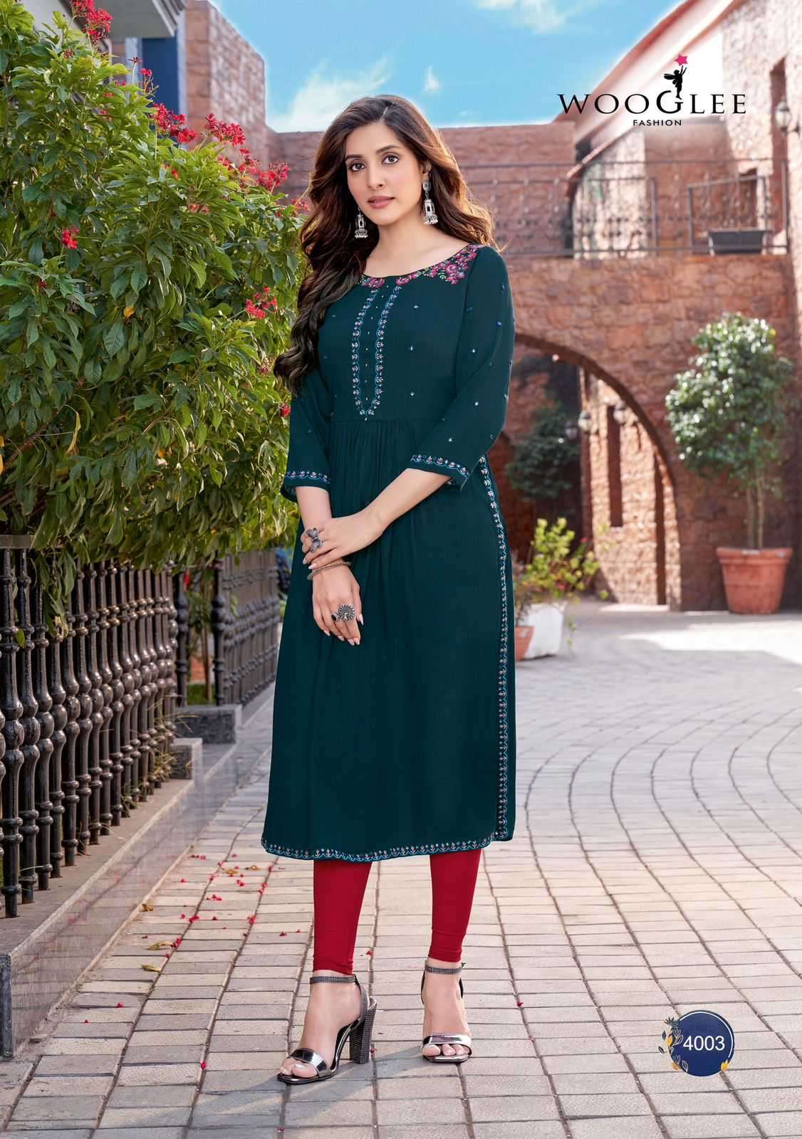 WOOGLEE PRESENTS ANANTA READYMADE RAYON HANDWORK DESIGNER LONG KURTIS CATALOG WHOLESALER AND EXPORTER IN SURAT