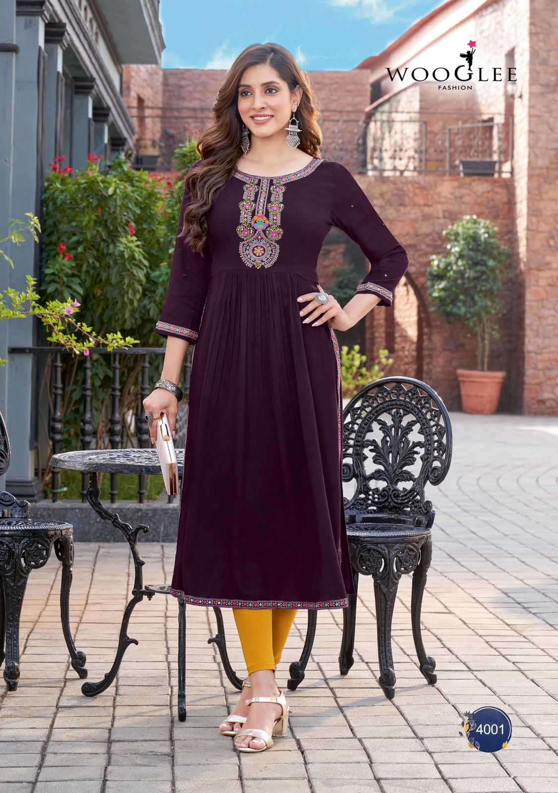 WOOGLEE PRESENTS ANANTA READYMADE RAYON HANDWORK DESIGNER LONG KURTIS CATALOG WHOLESALER AND EXPORTER IN SURAT