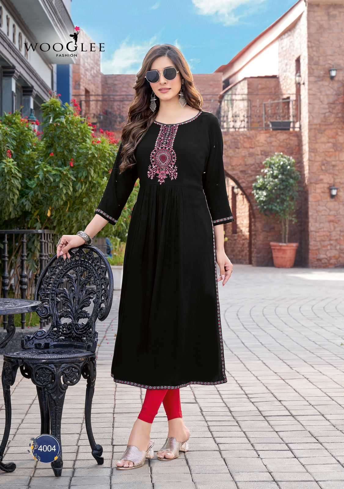 WOOGLEE PRESENTS ANANTA READYMADE RAYON HANDWORK DESIGNER LONG KURTIS CATALOG WHOLESALER AND EXPORTER IN SURAT