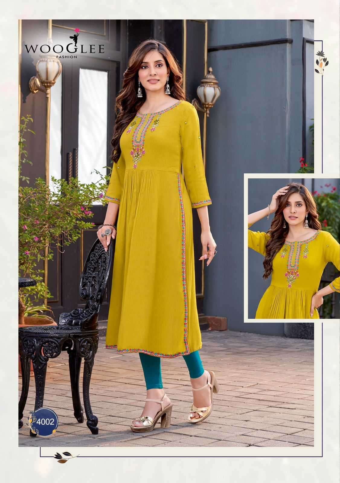 WOOGLEE PRESENTS ANANTA READYMADE RAYON HANDWORK DESIGNER LONG KURTIS CATALOG WHOLESALER AND EXPORTER IN SURAT