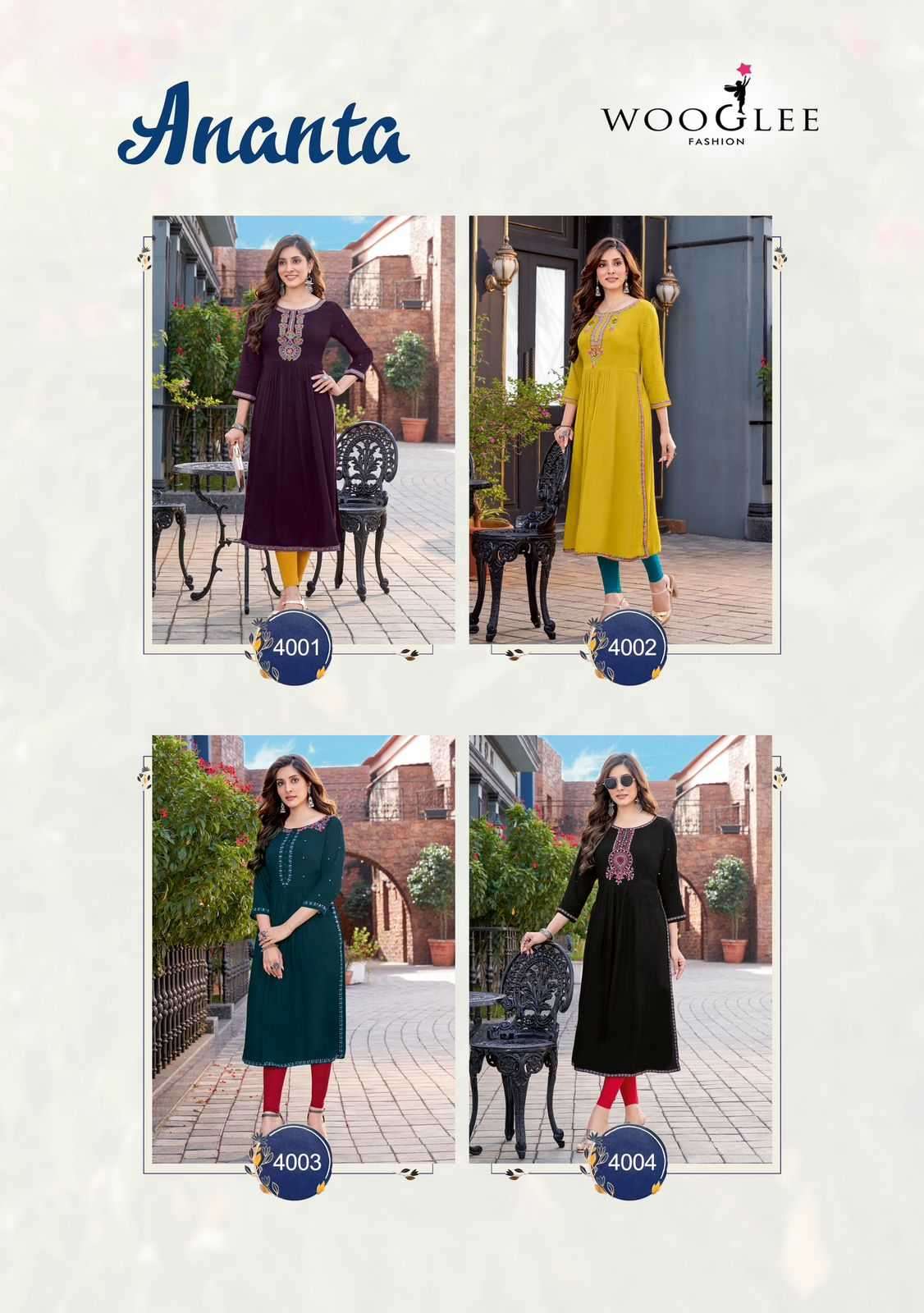WOOGLEE PRESENTS ANANTA READYMADE RAYON HANDWORK DESIGNER LONG KURTIS CATALOG WHOLESALER AND EXPORTER IN SURAT