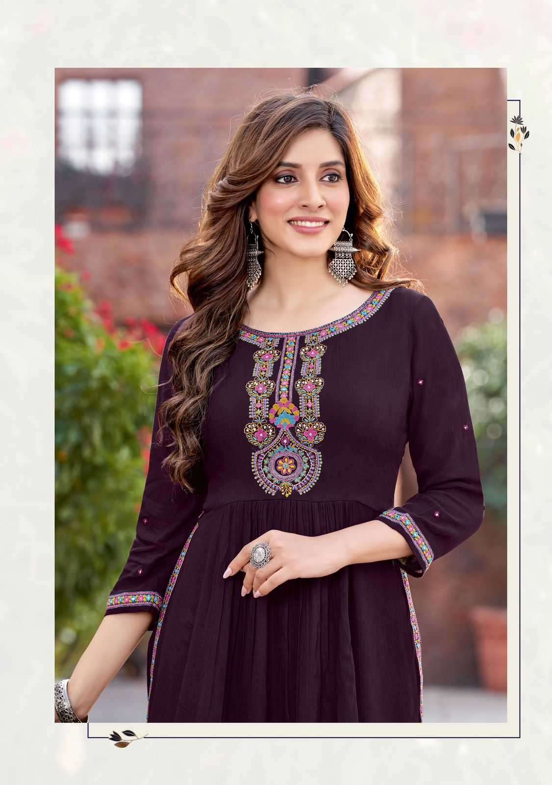 WOOGLEE PRESENTS ANANTA READYMADE RAYON HANDWORK DESIGNER LONG KURTIS CATALOG WHOLESALER AND EXPORTER IN SURAT