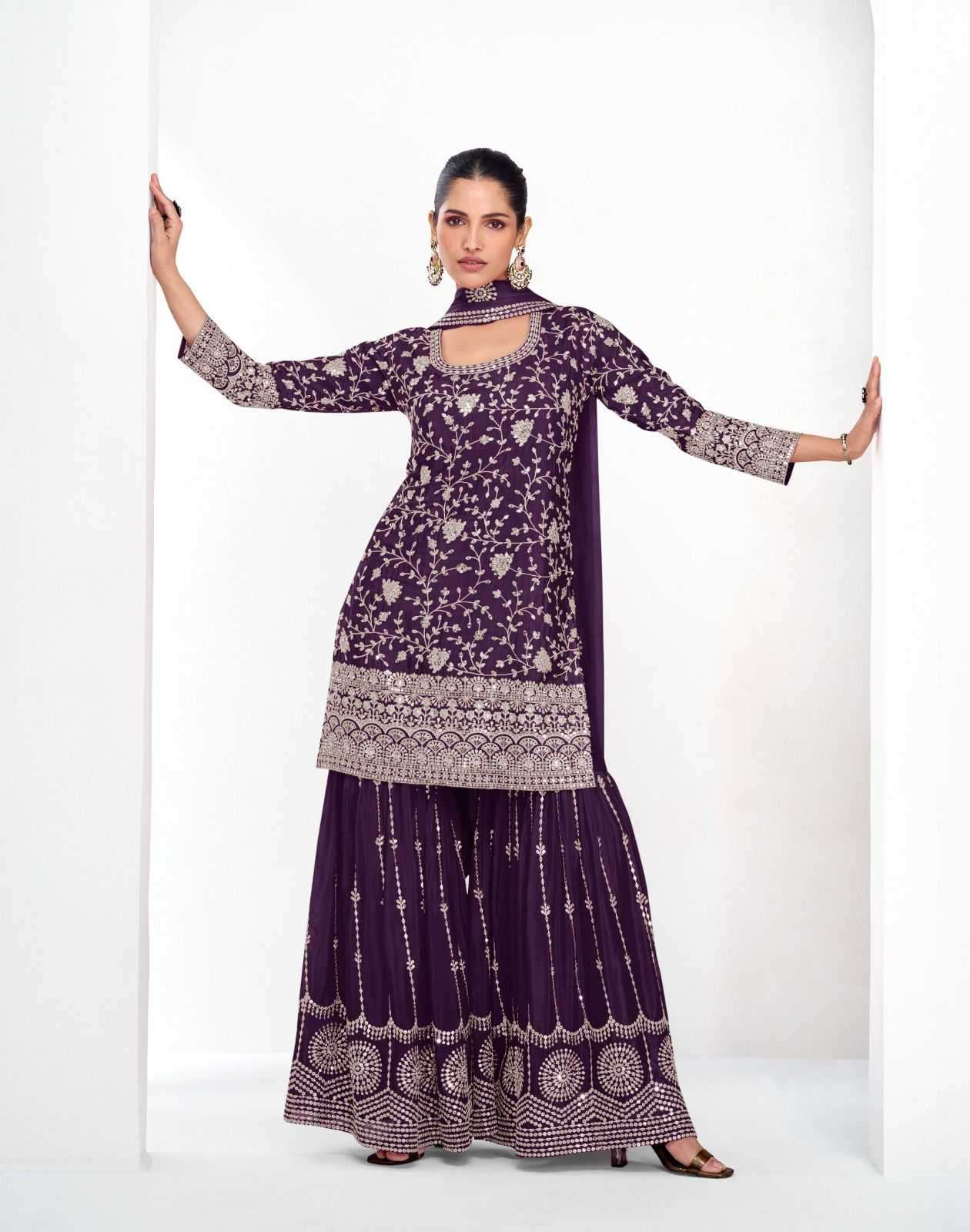 AASHIRWAD CREATION PRESENTS VAMIKA GOLD CHINON FULLY STITCH CLASSIC PLAZZO STYLE 3PCS DRESS CATALOG WHOLESALER AND EXPORTER 