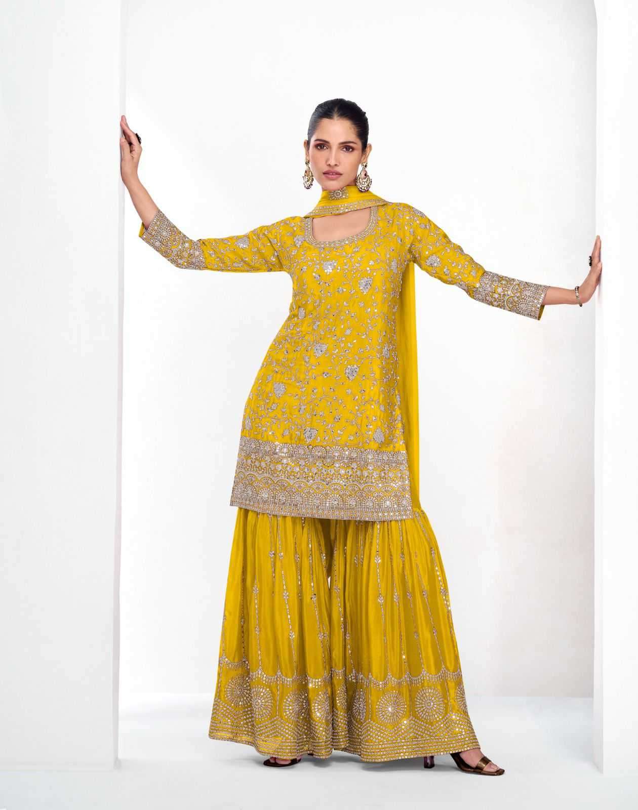 AASHIRWAD CREATION PRESENTS VAMIKA GOLD CHINON FULLY STITCH CLASSIC PLAZZO STYLE 3PCS DRESS CATALOG WHOLESALER AND EXPORTER 