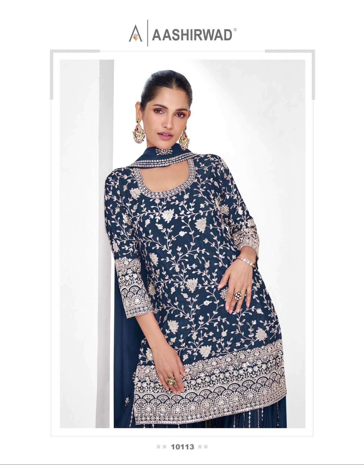 AASHIRWAD CREATION PRESENTS VAMIKA GOLD CHINON FULLY STITCH CLASSIC PLAZZO STYLE 3PCS DRESS CATALOG WHOLESALER AND EXPORTER 