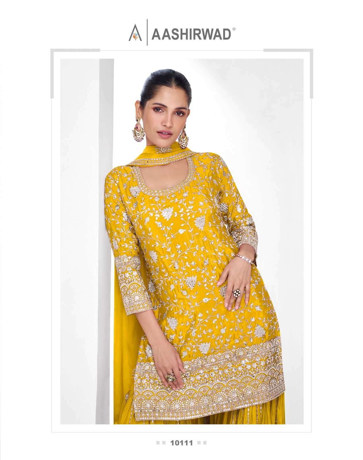 AASHIRWAD CREATION PRESENTS VAMIKA GOLD CHINON FULLY STITCH CLASSIC PLAZZO STYLE 3PCS DRESS CATALOG WHOLESALER AND EXPORTER 
