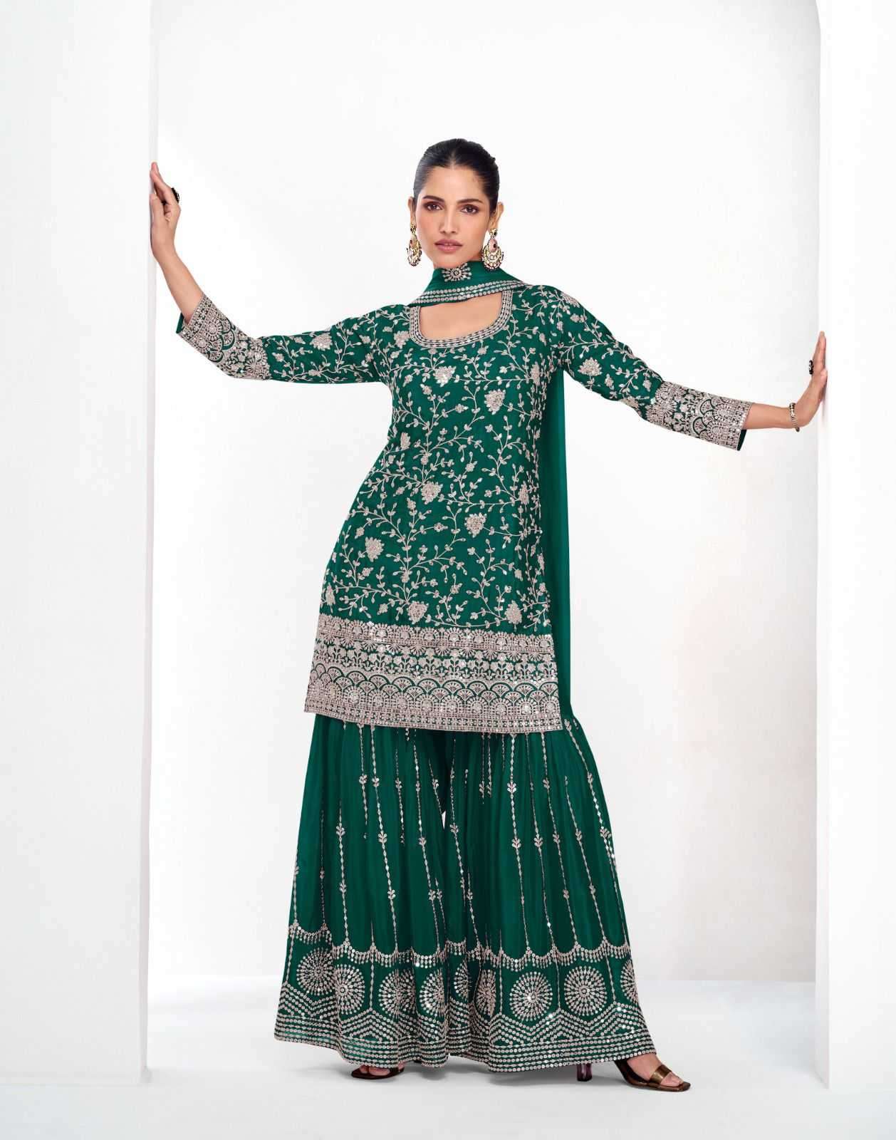 AASHIRWAD CREATION PRESENTS VAMIKA GOLD CHINON FULLY STITCH CLASSIC PLAZZO STYLE 3PCS DRESS CATALOG WHOLESALER AND EXPORTER 