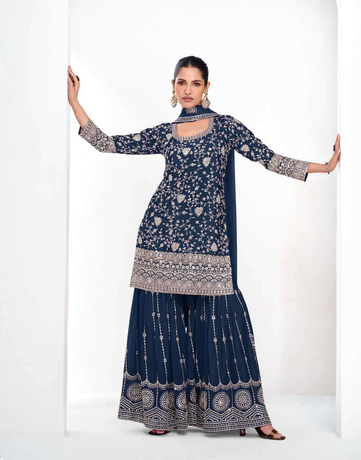 AASHIRWAD CREATION PRESENTS VAMIKA GOLD CHINON FULLY STITCH CLASSIC PLAZZO STYLE 3PCS DRESS CATALOG WHOLESALER AND EXPORTER 