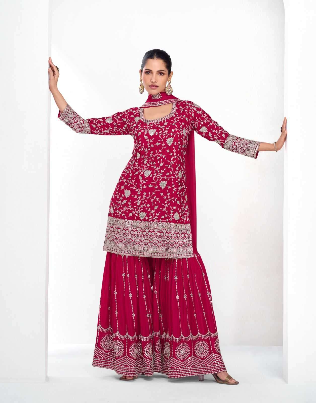 AASHIRWAD CREATION PRESENTS VAMIKA GOLD CHINON FULLY STITCH CLASSIC PLAZZO STYLE 3PCS DRESS CATALOG WHOLESALER AND EXPORTER 