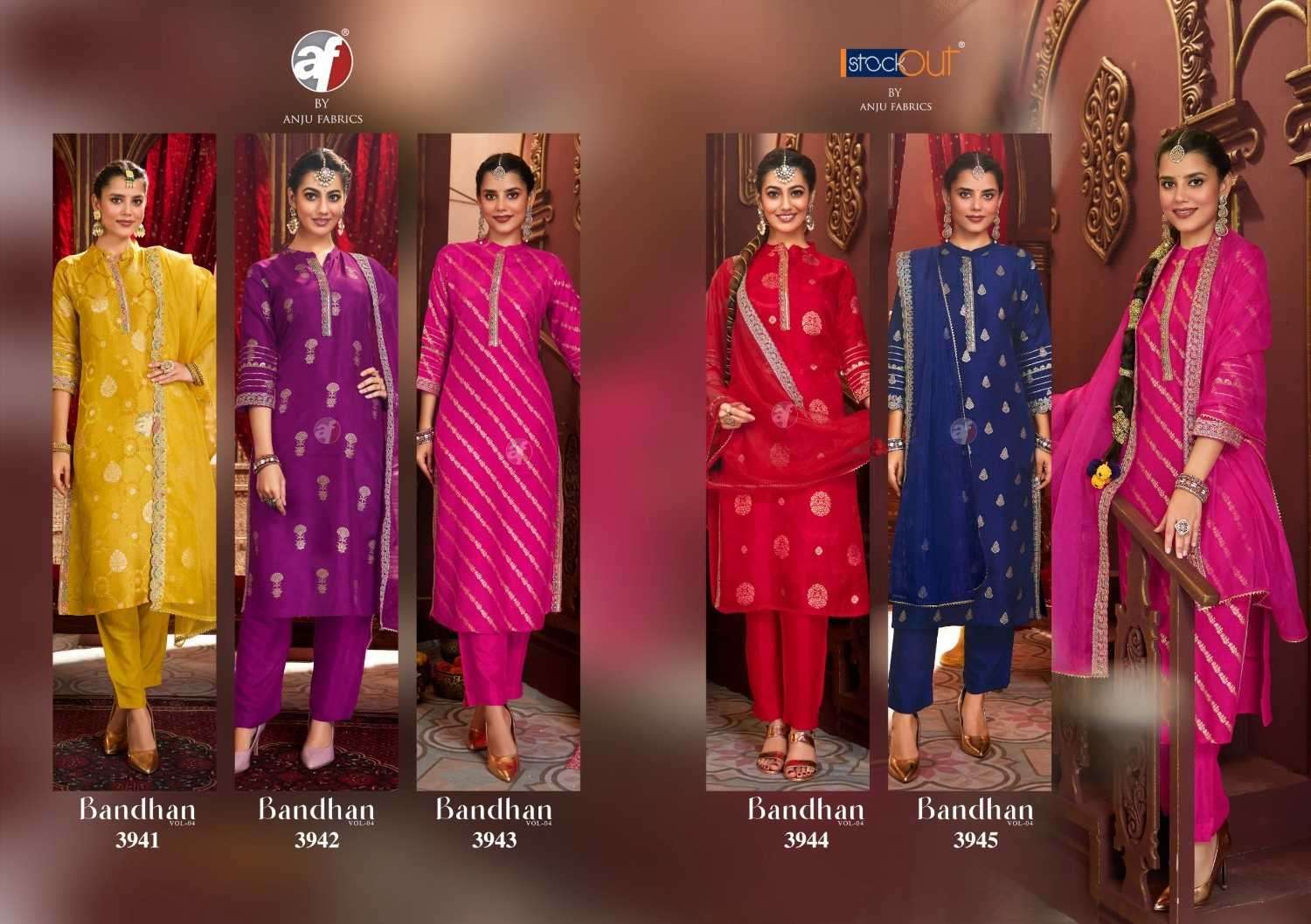ANJU FAB PRESENTS BANDHAN VOL-4 DOLA SILK JACQUARD READYMADE 3PCS DRESS CATALOG WHOLESLAER AND EXPORTER 