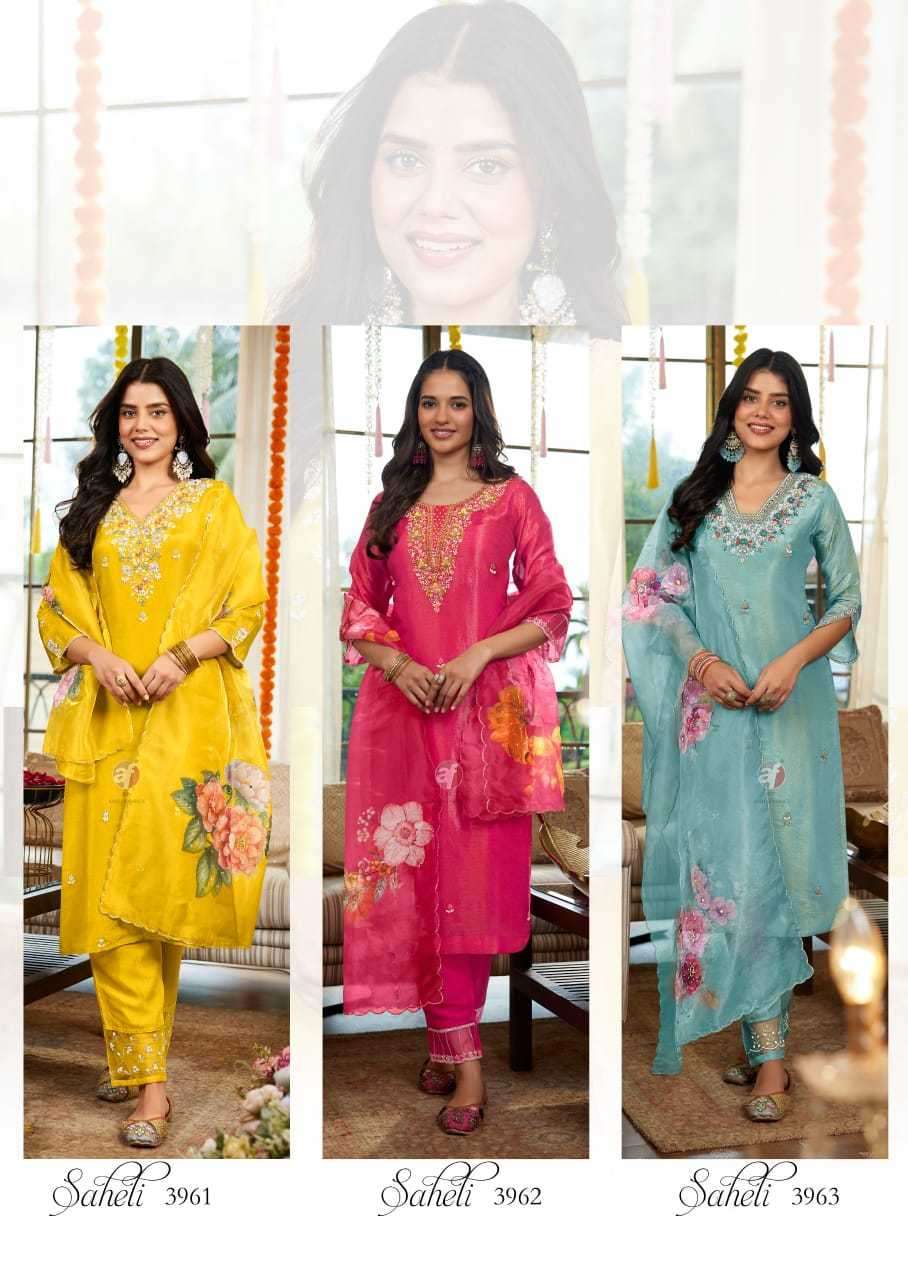 ANJU FAB PRESENTS SAHELI  TISSUE SHIMMER READYMADE TRENDY SALWAR SUITS CATALOG WHOLESALER AND EXPORTER 