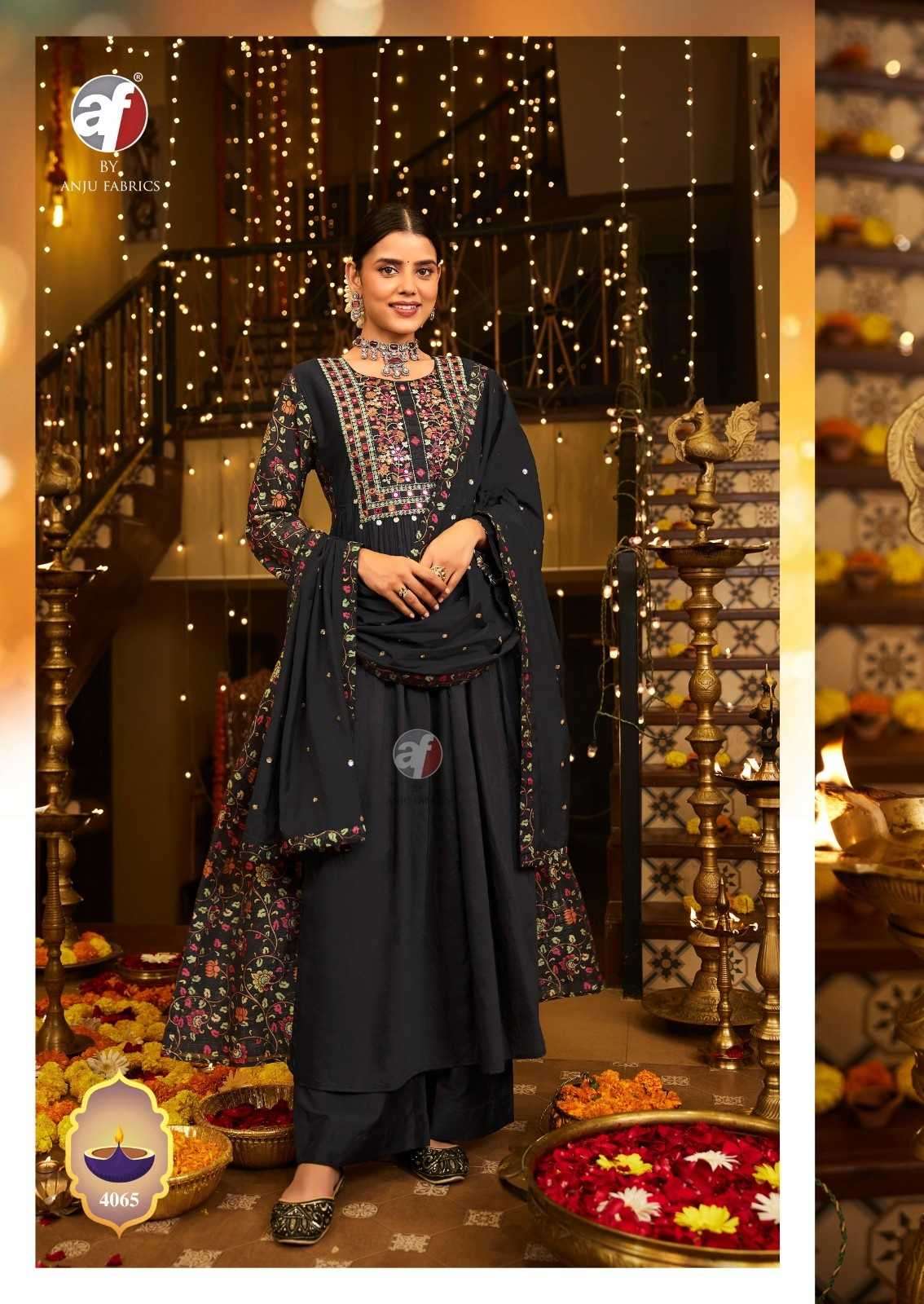 ANJU FAB PRESENTS SHUBH AVSAR DIWALI SPECIAL VISCOSE READYMADE 3PCS DRESS CATALOG WHOLESALER AND EXPORTER 