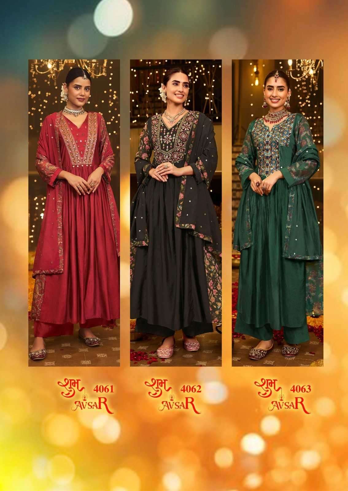 ANJU FAB PRESENTS SHUBH AVSAR DIWALI SPECIAL VISCOSE READYMADE 3PCS DRESS CATALOG WHOLESALER AND EXPORTER 