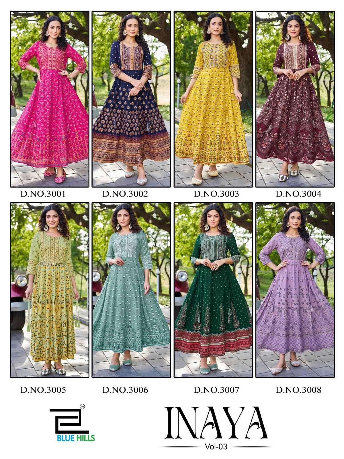 BLUE HILLS PRESENTS INAYA VOL-3 RAYON READYMADE BIG SIZE FROCK STYLE LONG KURTI CATALOG WHOLESALER AND EXPORTER 