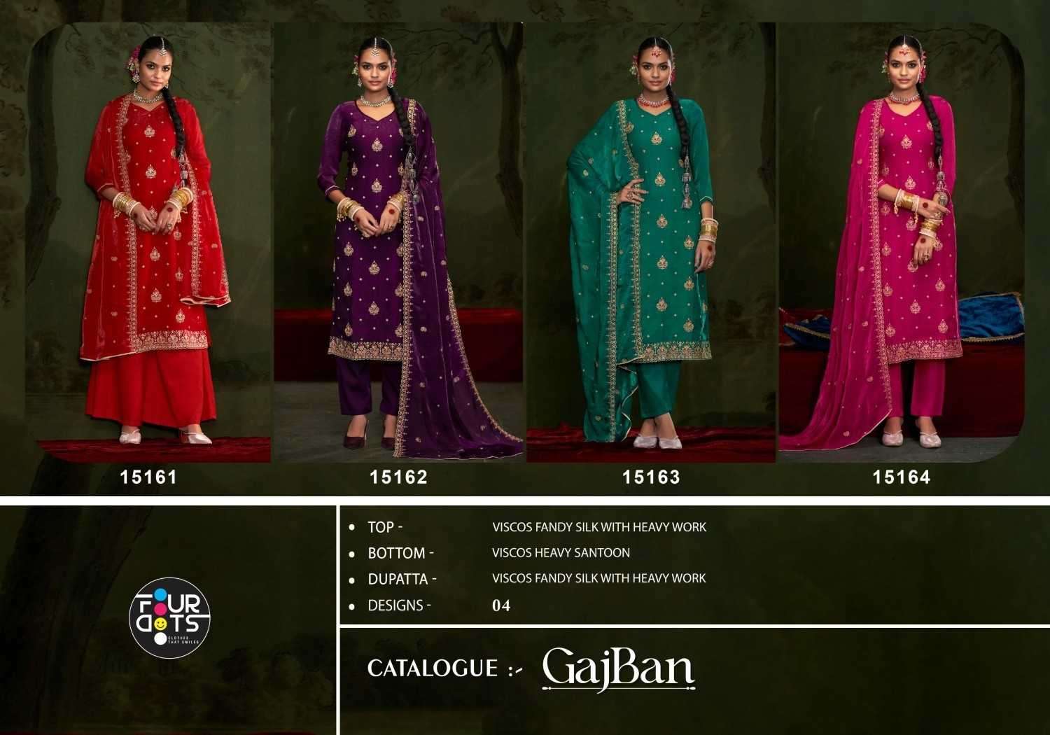 FOURDOTS PRESENTS GAJBAN VISCOSE FANCY SILK LADIES 3PCS DRESS CATALOG WHOLESALER AND EXPORTER 