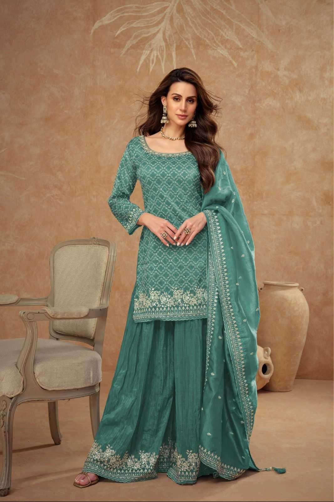 GULKAYRA DESIGNER PRESENTS DAISY READYMADE GOLD SILK PLAZZO STYLE FESTIVE LADIES SUIT CATALOG WHOLESALER AND EXPORTER 