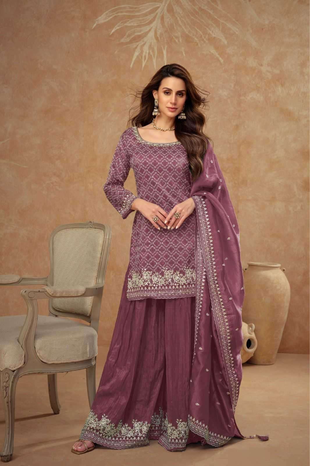GULKAYRA DESIGNER PRESENTS DAISY READYMADE GOLD SILK PLAZZO STYLE FESTIVE LADIES SUIT CATALOG WHOLESALER AND EXPORTER 