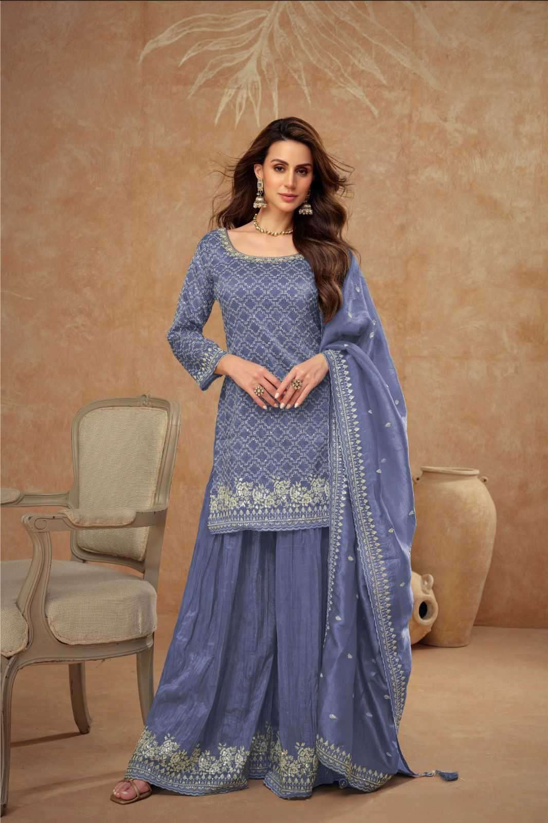 GULKAYRA DESIGNER PRESENTS DAISY READYMADE GOLD SILK PLAZZO STYLE FESTIVE LADIES SUIT CATALOG WHOLESALER AND EXPORTER 