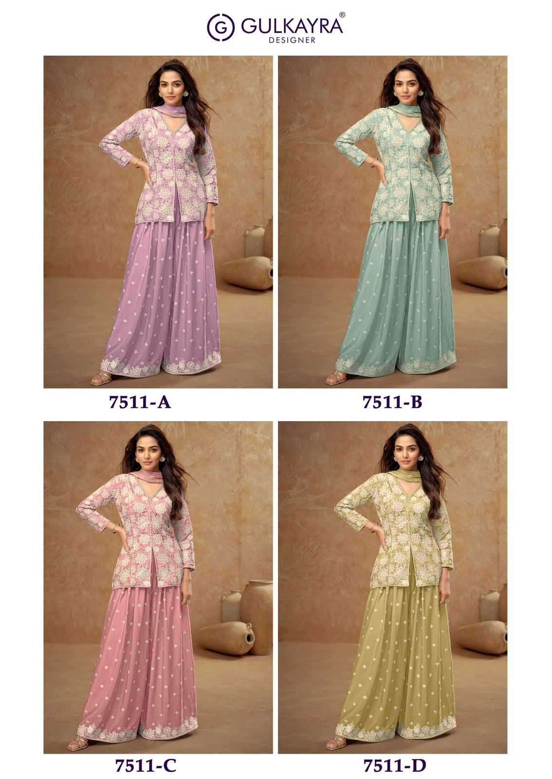 GULKAYRA DESIGNER PRESENTS FIRDOUS 7511 CHINON READYMADE EXCLUSIVE PLAZZO SUIT CATALOG WHOLESALER AND EXPORTER 