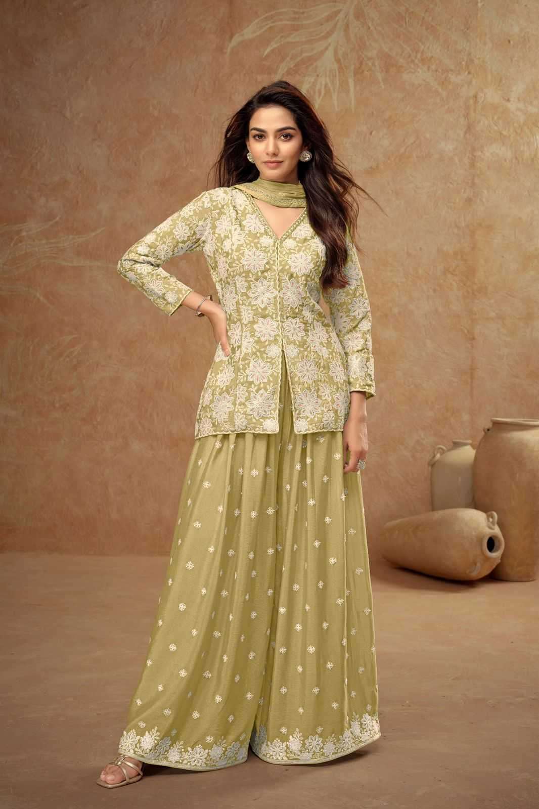 GULKAYRA DESIGNER PRESENTS FIRDOUS 7511 CHINON READYMADE EXCLUSIVE PLAZZO SUIT CATALOG WHOLESALER AND EXPORTER 