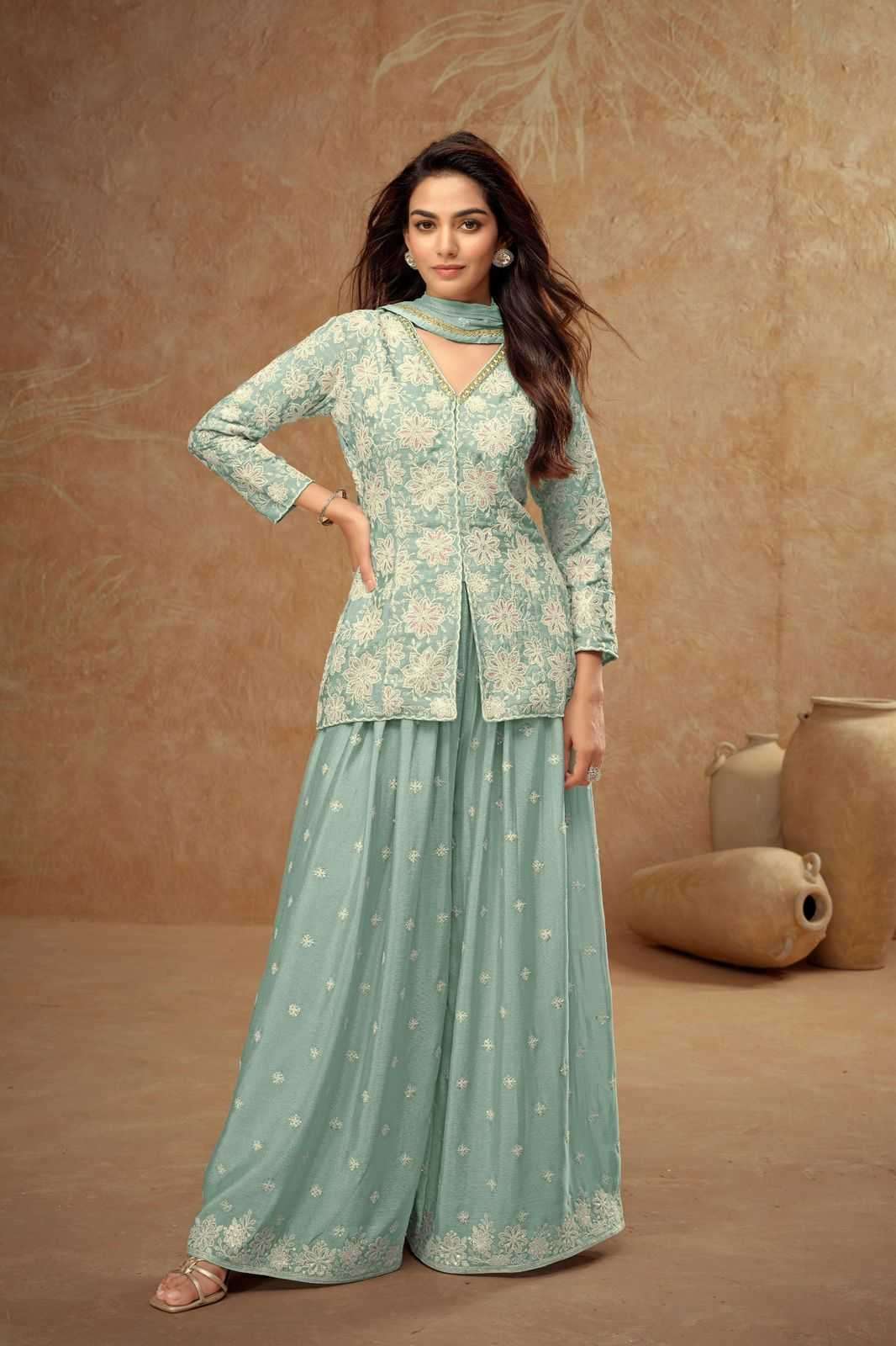 GULKAYRA DESIGNER PRESENTS FIRDOUS 7511 CHINON READYMADE EXCLUSIVE PLAZZO SUIT CATALOG WHOLESALER AND EXPORTER 