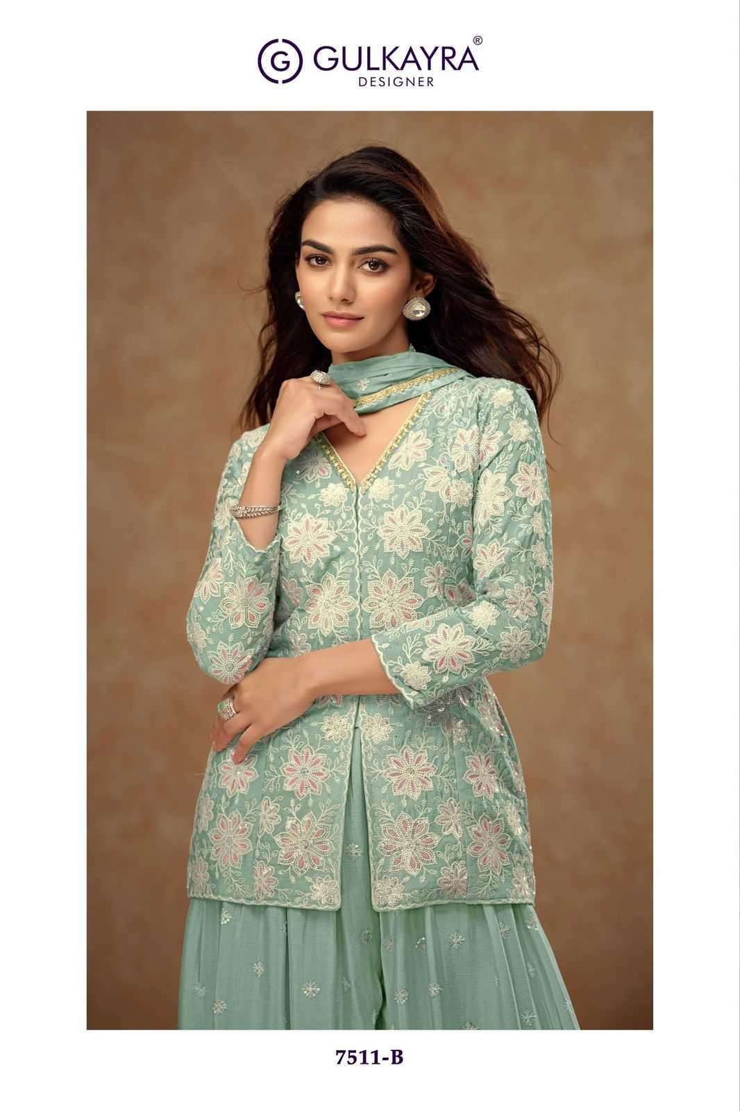 GULKAYRA DESIGNER PRESENTS FIRDOUS 7511 CHINON READYMADE EXCLUSIVE PLAZZO SUIT CATALOG WHOLESALER AND EXPORTER 