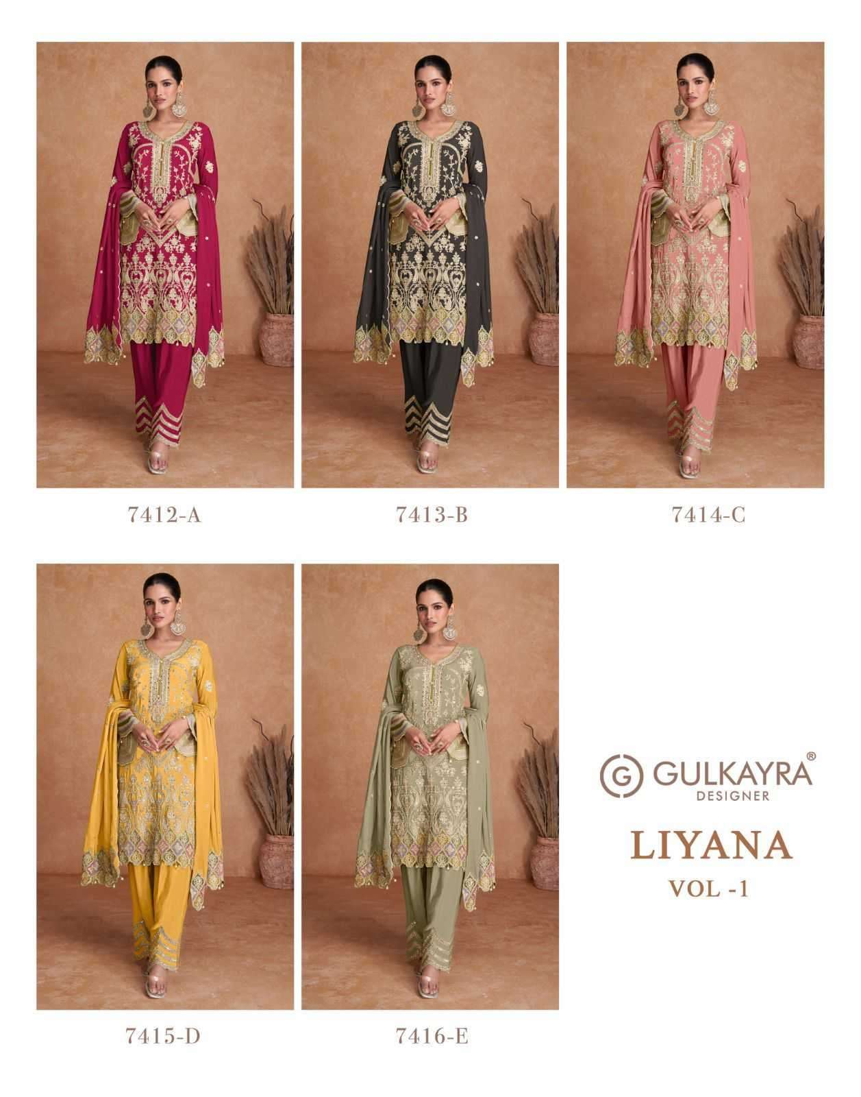 GULKAYRA DESIGNER PRESENTS LIYANA VOL-1 FULLY STITCH CLASSIC CHINON 3PCS DRESS CATALOG WHOLESALER AND EXPORTER 