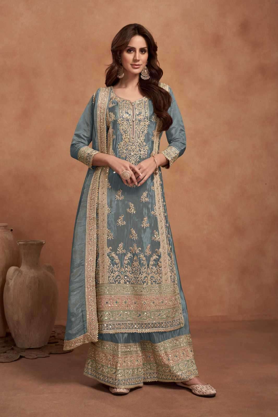 GULKAYRA DESIGNER PRESENTS NAZIA SIMMER SILK READYMADE PLAZZO STYLE DESIGNER SUIT CATALOG WHOLESALER AND EXPORTER 